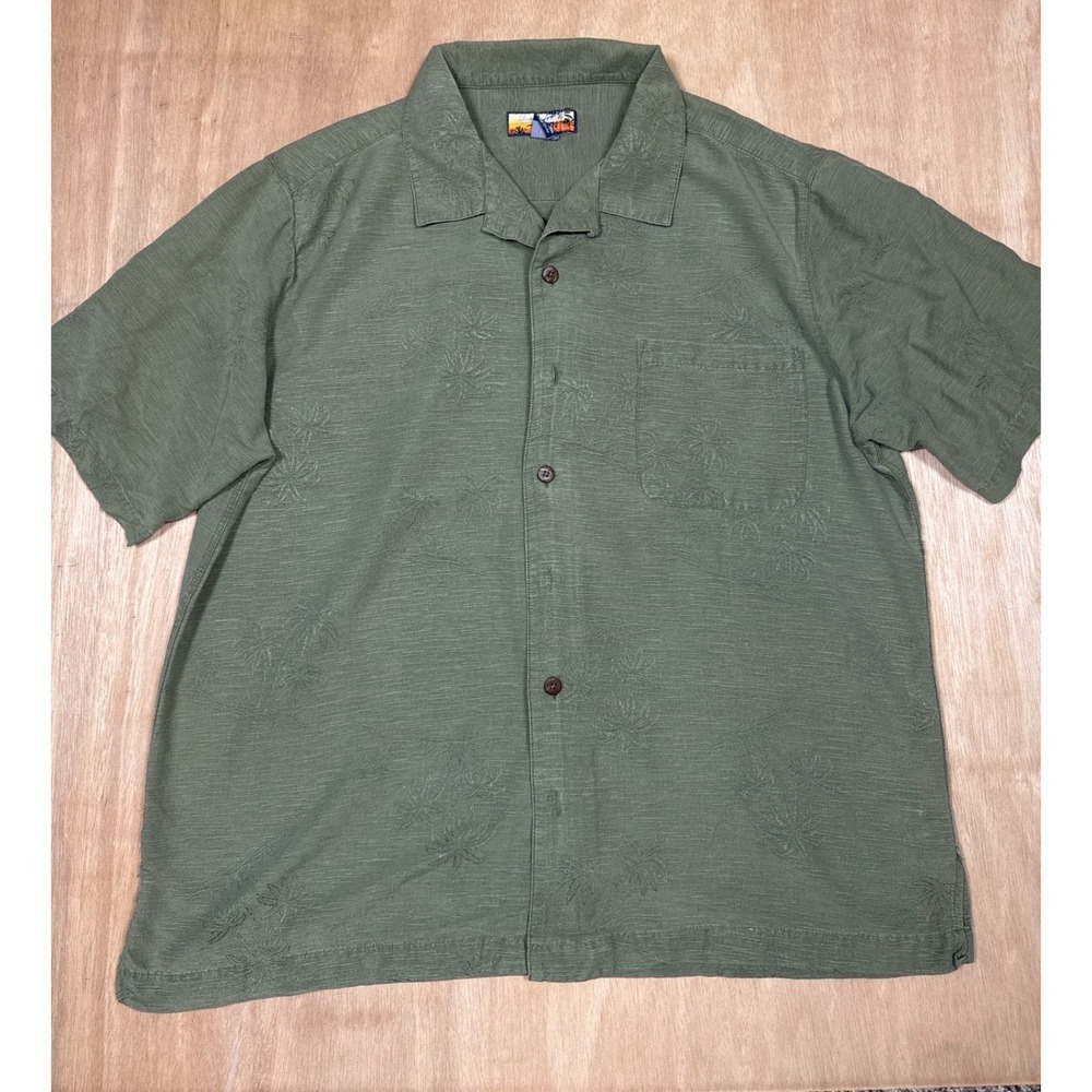 Havana Jacks Cafe Mens Olive Green Silk Short Sleeve Button Up Shirt Size XL